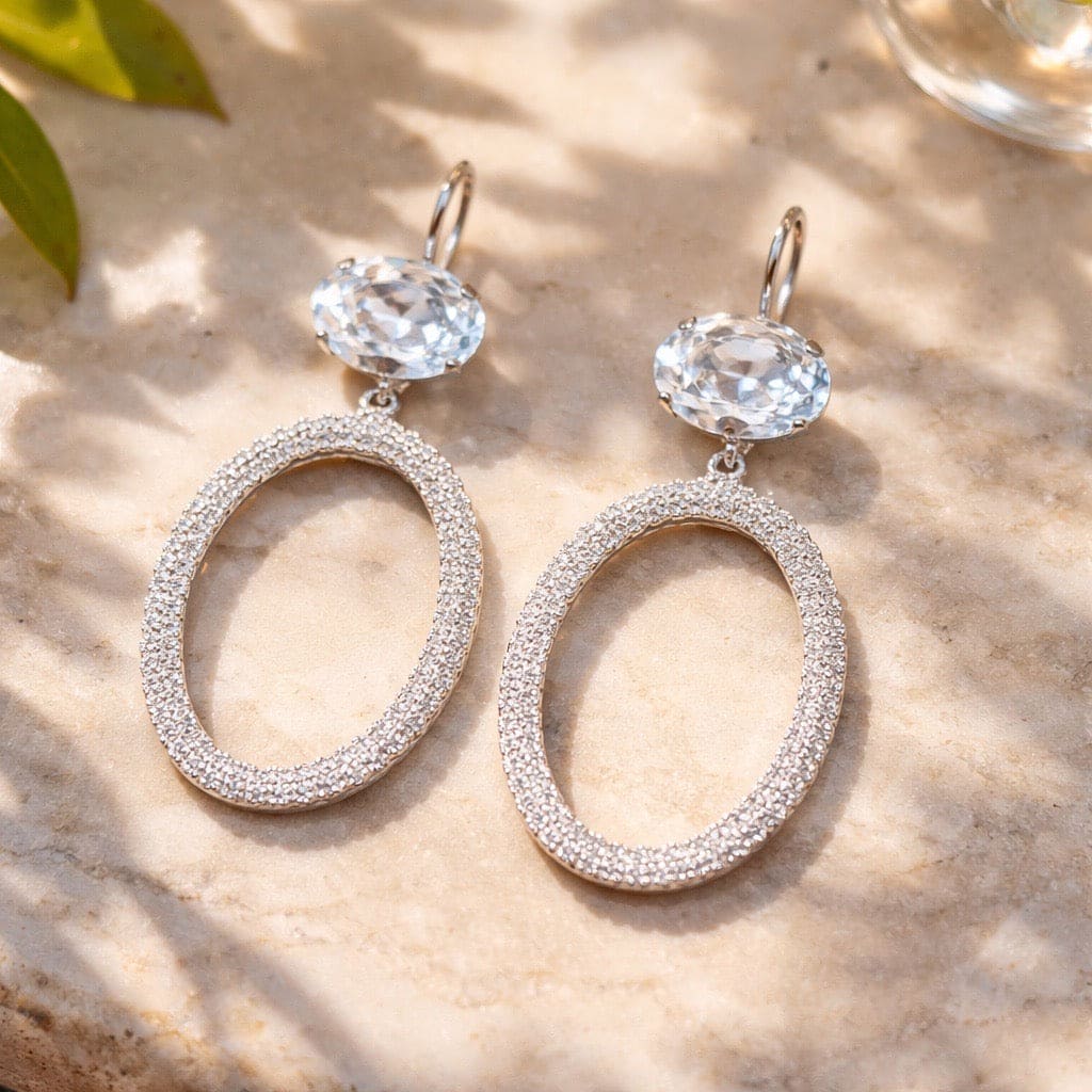 Belluno Crystal Silver statement oorbellen met transparante Swarovski kristal en zilveren ovale ring - DAMICE Jewelry