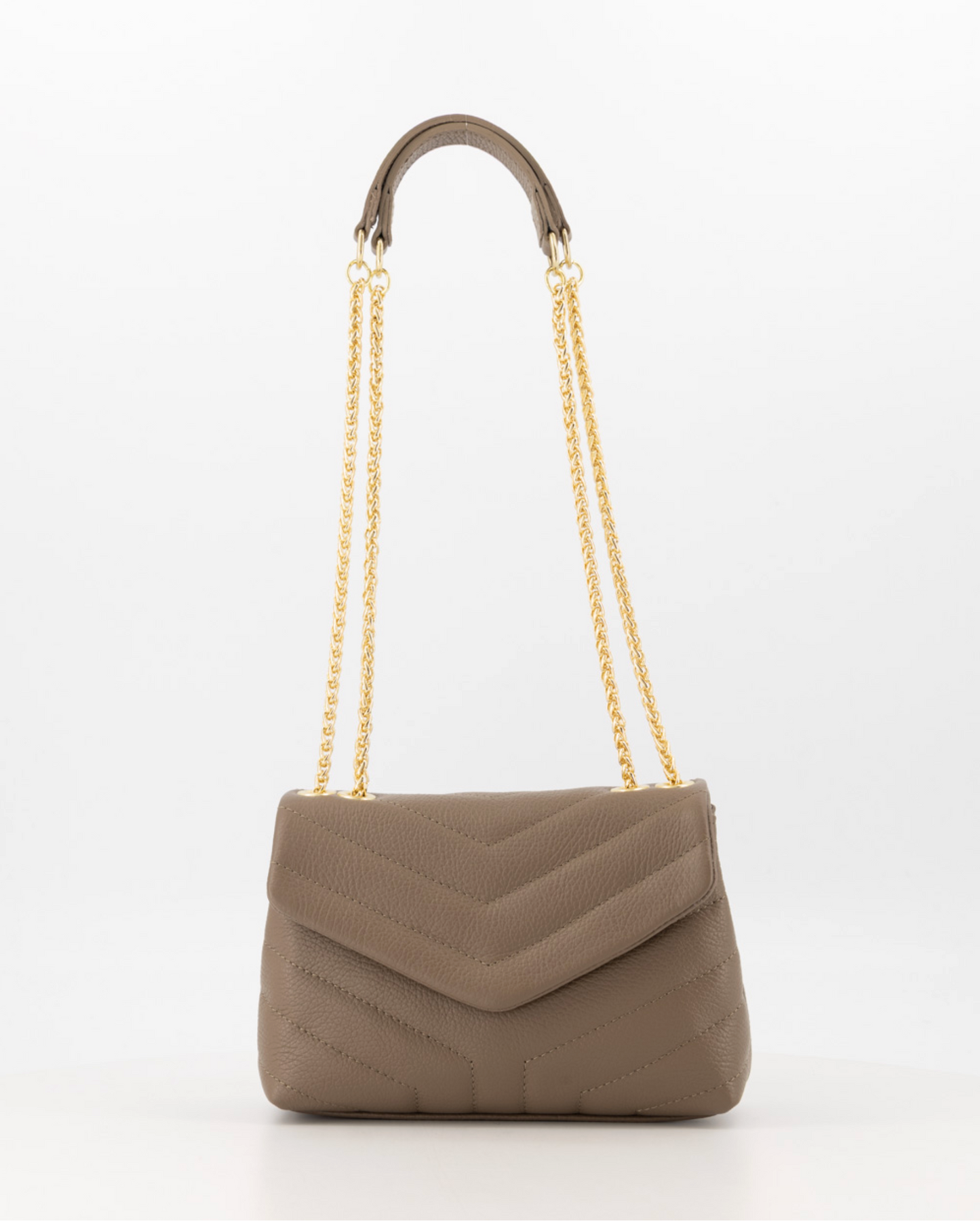 
                  
                    Crossbody tas dames taupe – Italiaans grain leer met gouden ketting hengsel en leren tophandvat, vooraanzicht
                  
                
