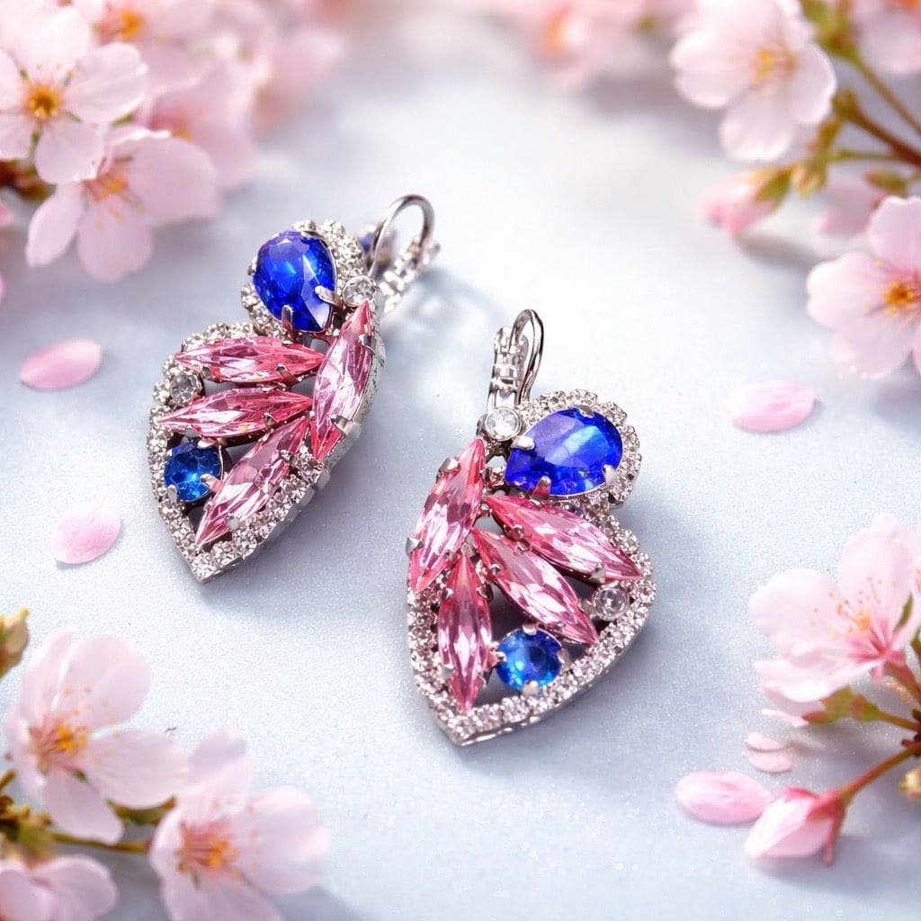 Roze blauwe kristallen oorbellen met druppelvormige roze stenen en blauwe accenten vlinder design, zilververgulde nikkelvrije hypoallergene statement oorhangers voor dames
