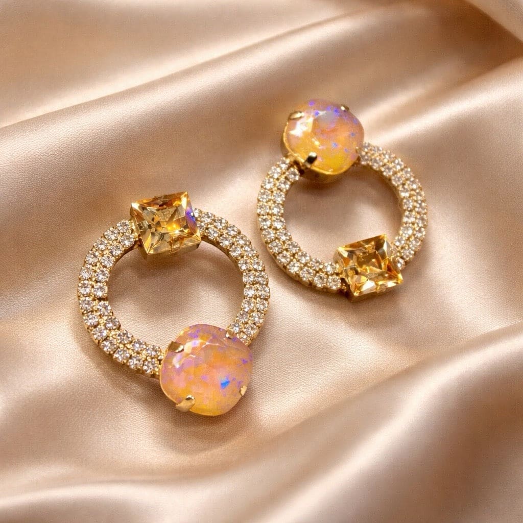 Luxe statement oorstekers met kristallen cirkel gele vierkante steen en opaalkleurige ronde steen goudvergulde nikkelvrije hypoallergene oorbellen geel nude voor dames
