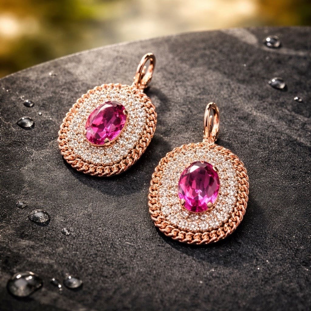 Luxe roségouden oorbellen met ovale fuchsia kristal en transparante kristallen, veilige haaksluiting nikkelvrije en hypoallergene statement oorhangers voor dames

